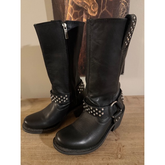 Harley-Davidson Shoes - Harley-Davidson Womens Black Leather Rhinestone Studded Harness Boots Size 6